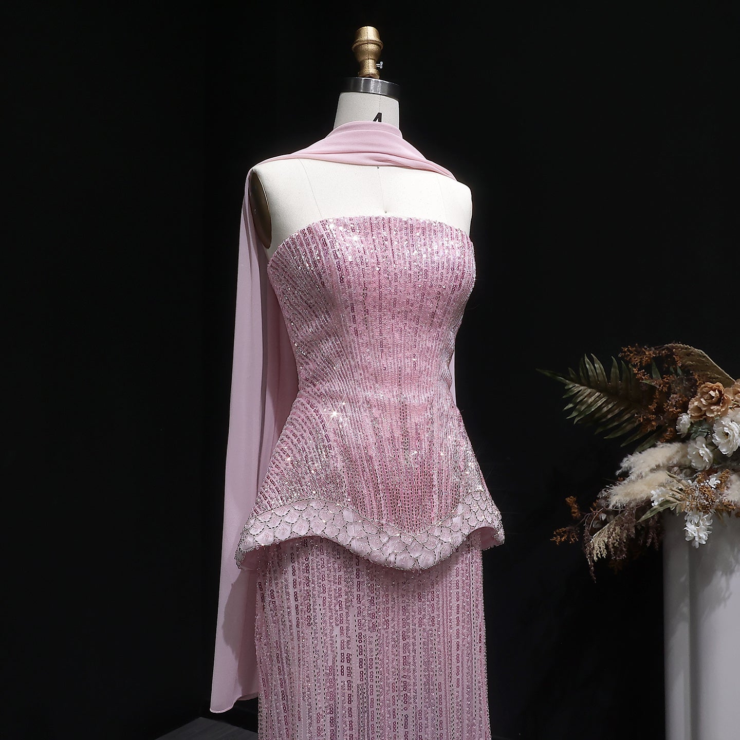 Elegant Orange Peplum Strapless Sequin Evening Dress with Scarf SS560