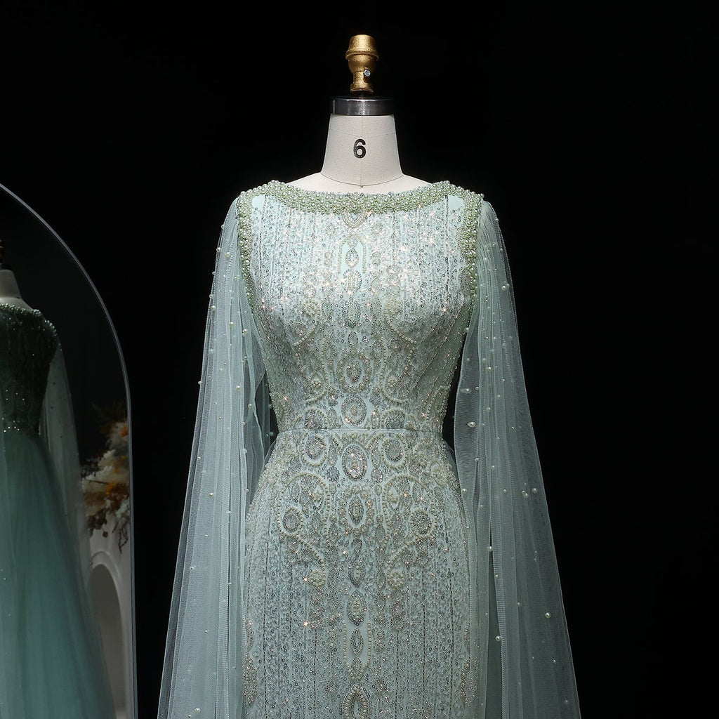 Luxury White Nude Mermaid Evening Dress with Cape Sleeves SS668