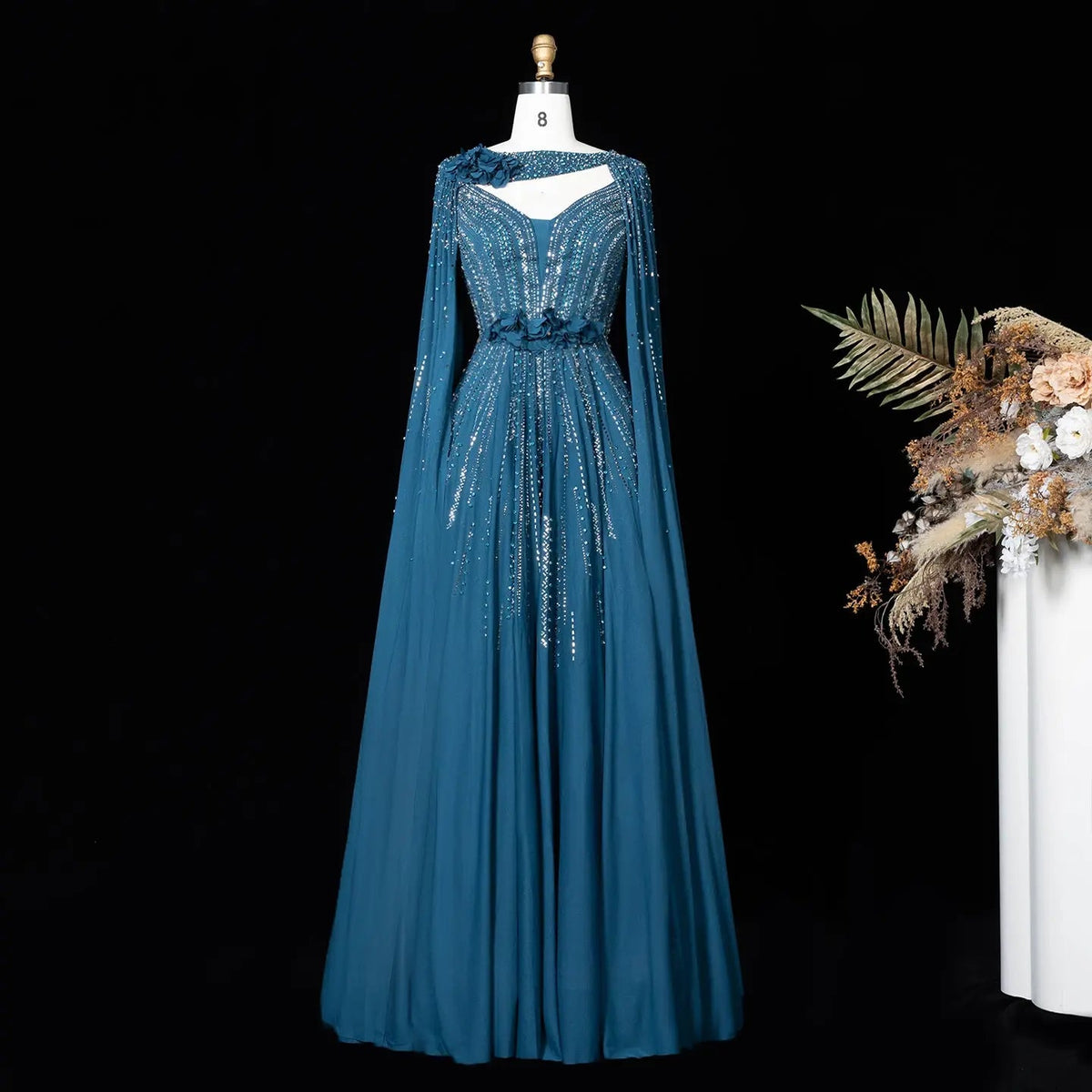 Elegant Blue Handmade Flower Beaded Off Shoulder Wedding Guest Evening Dress SS052