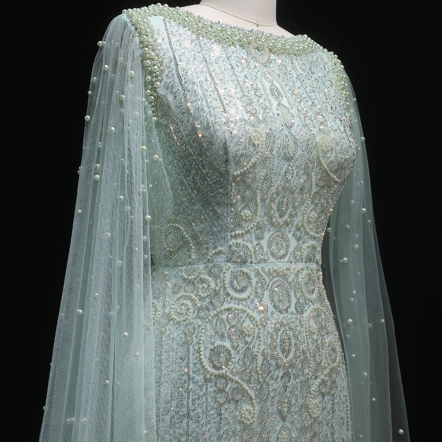 Luxury White Nude Mermaid Evening Dress with Cape Sleeves SS668