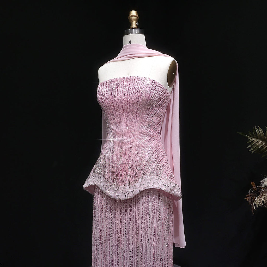 Elegant Orange Peplum Strapless Sequin Evening Dress with Scarf SS560