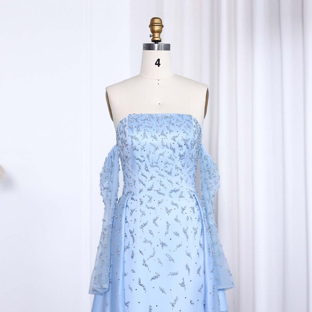 Luxury Pearls Silver Gray Long Sleeves Evening Dress with Overskirt SS484