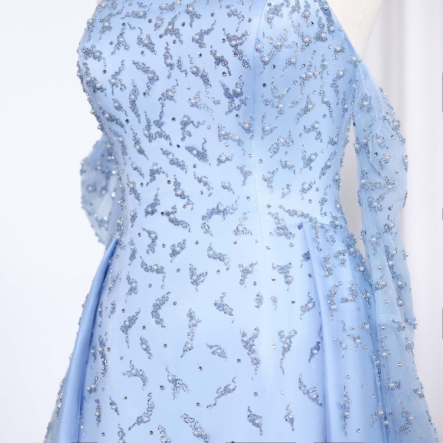Luxury Pearls Silver Gray Long Sleeves Evening Dress with Overskirt SS484