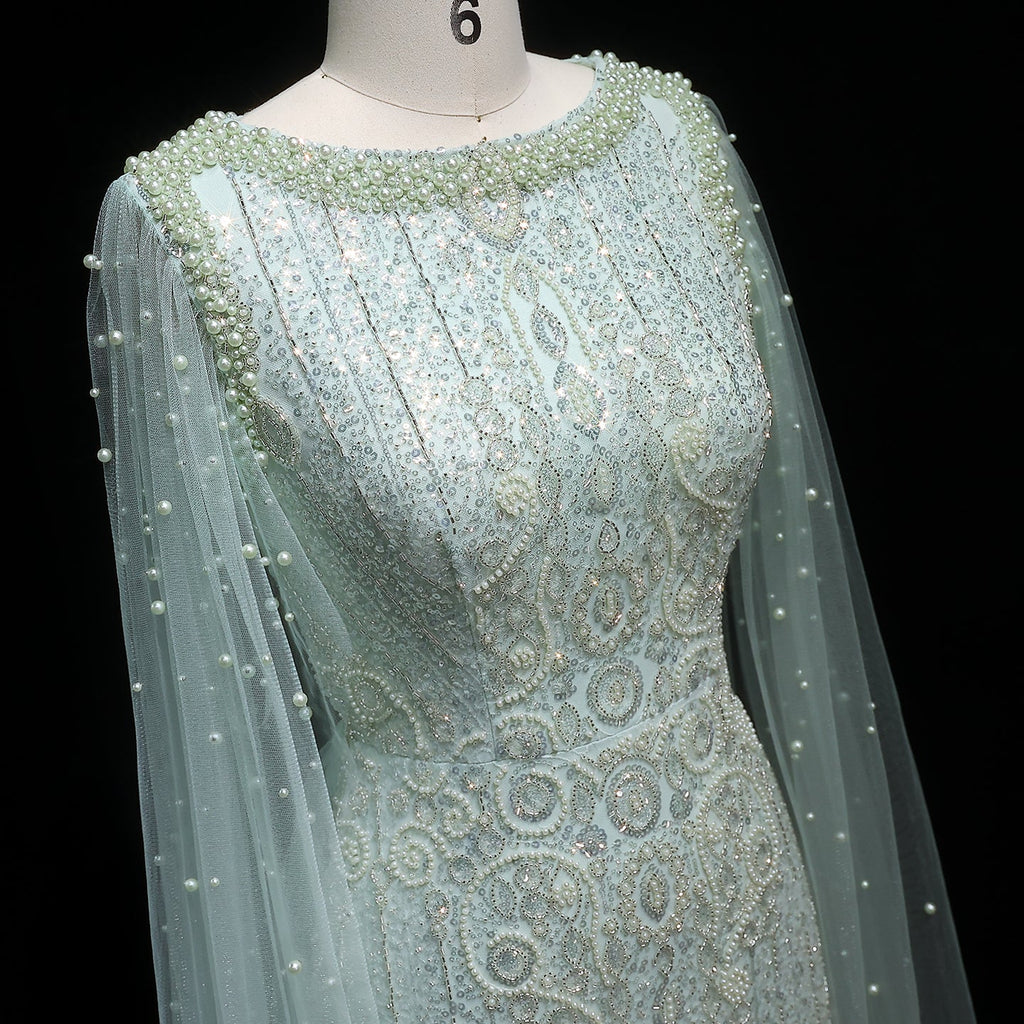 Luxury White Nude Mermaid Evening Dress with Cape Sleeves SS668