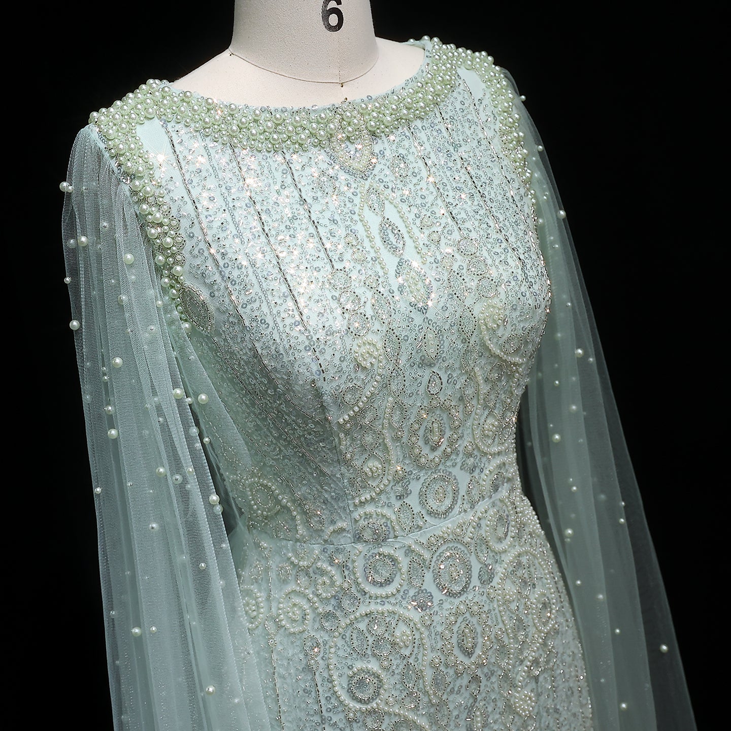 Luxury White Nude Mermaid Evening Dress with Cape Sleeves SS668