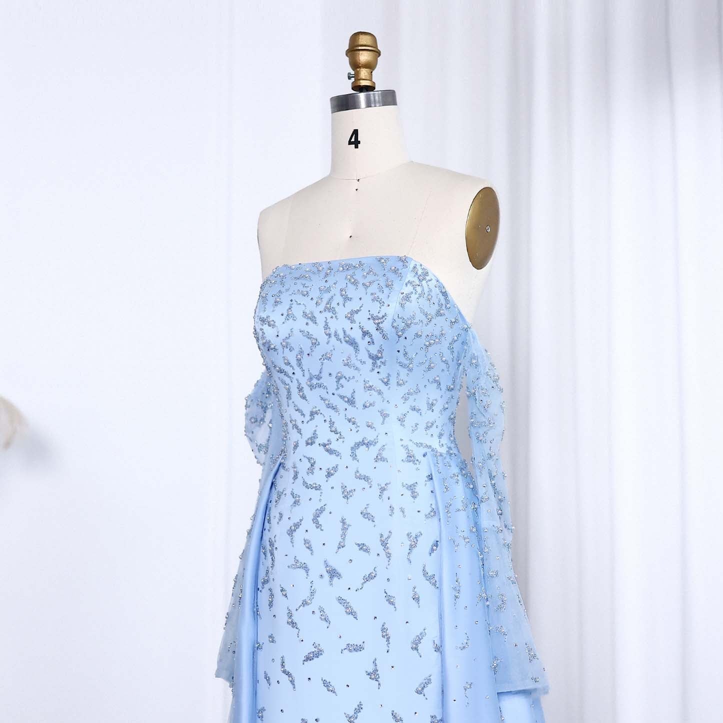 Luxury Pearls Silver Gray Long Sleeves Evening Dress with Overskirt SS484