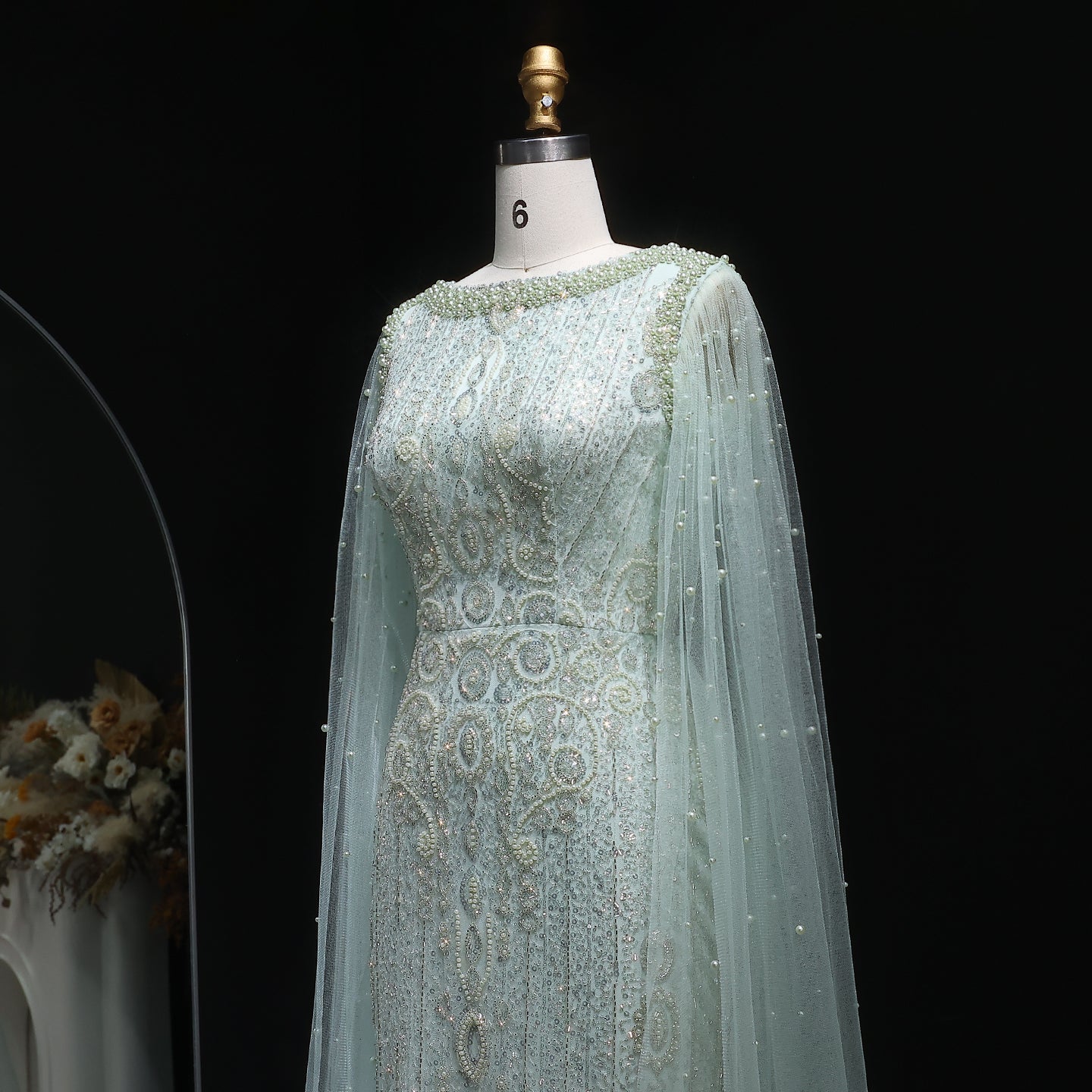 Luxury White Nude Mermaid Evening Dress with Cape Sleeves SS668