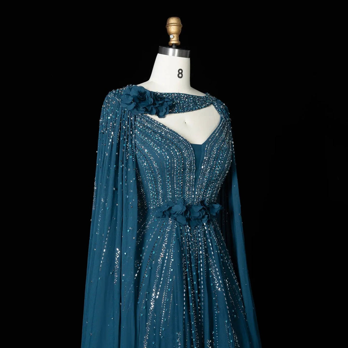 Elegant Blue Handmade Flower Beaded Off Shoulder Wedding Guest Evening Dress SS052