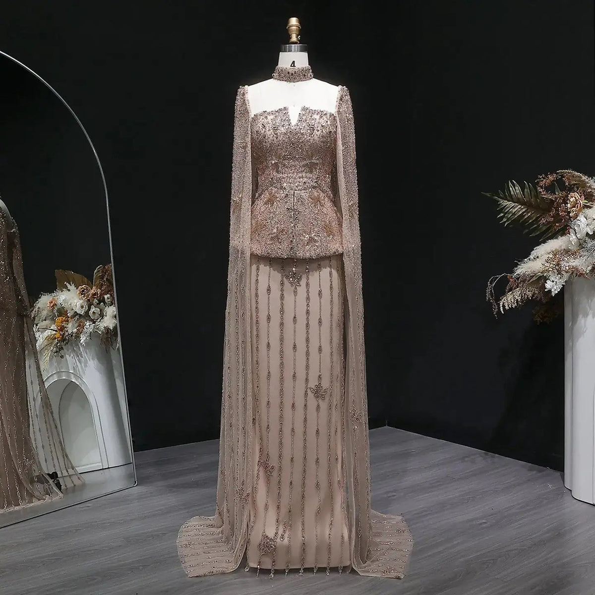 Elegant Silver High Neck Sheer Fitted Evening Dress with Cape Sleeve SS531