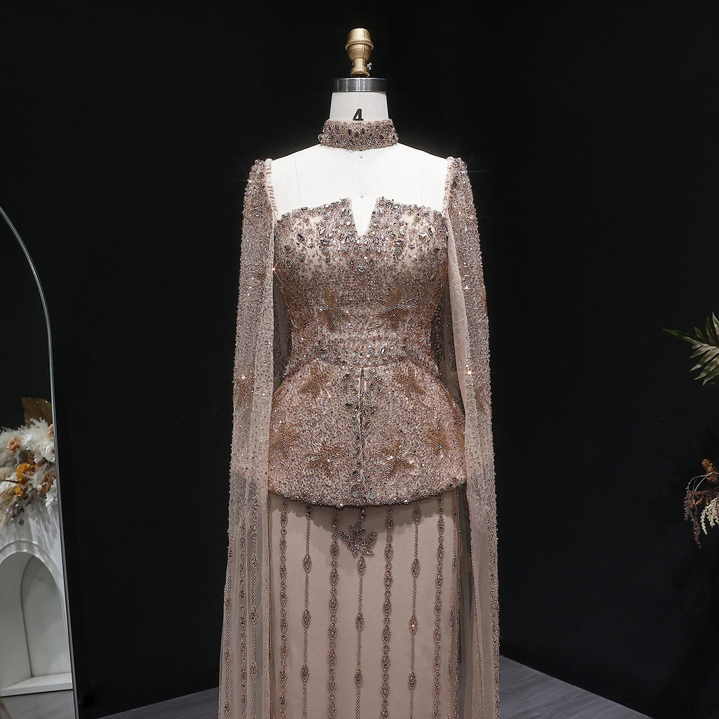 Glamorous Silver High Neck Sheer Evening Dress with Cape Sleeves SS531