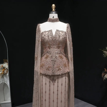 Elegant Silver High Neck Sheer Fitted Evening Dress with Cape Sleeve SS531