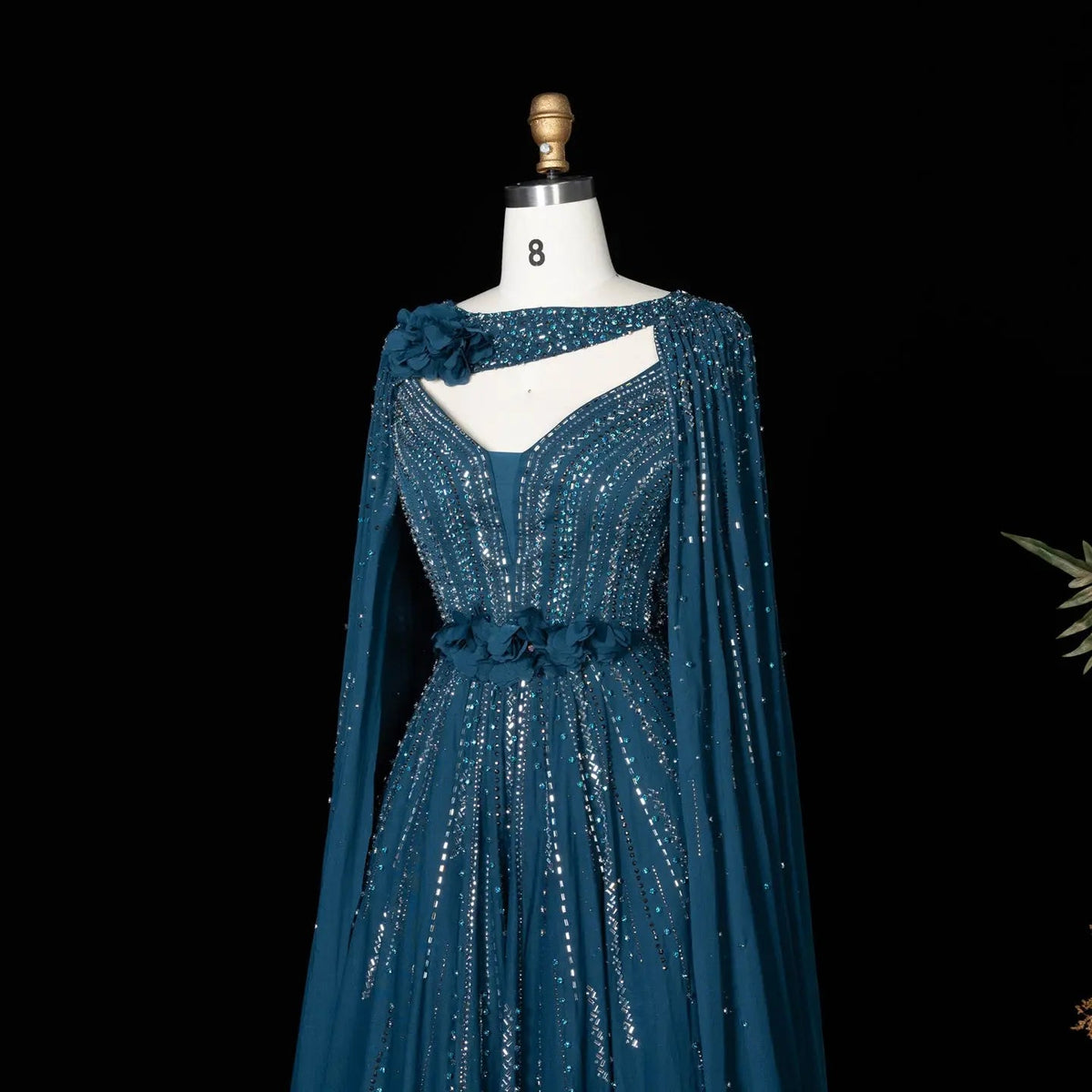Elegant Blue Handmade Flower Beaded Off Shoulder Wedding Guest Evening Dress SS052
