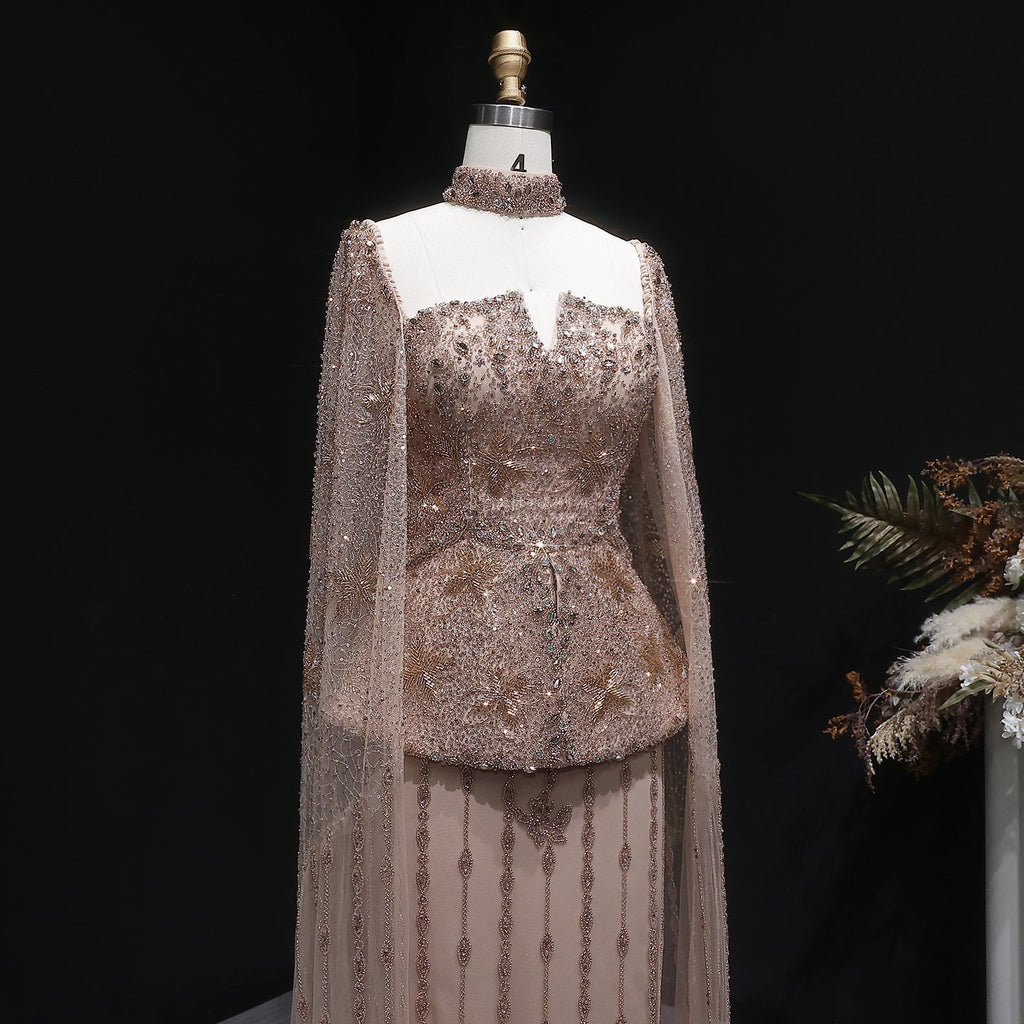 Glamorous Silver High Neck Sheer Evening Dress with Cape Sleeves SS531