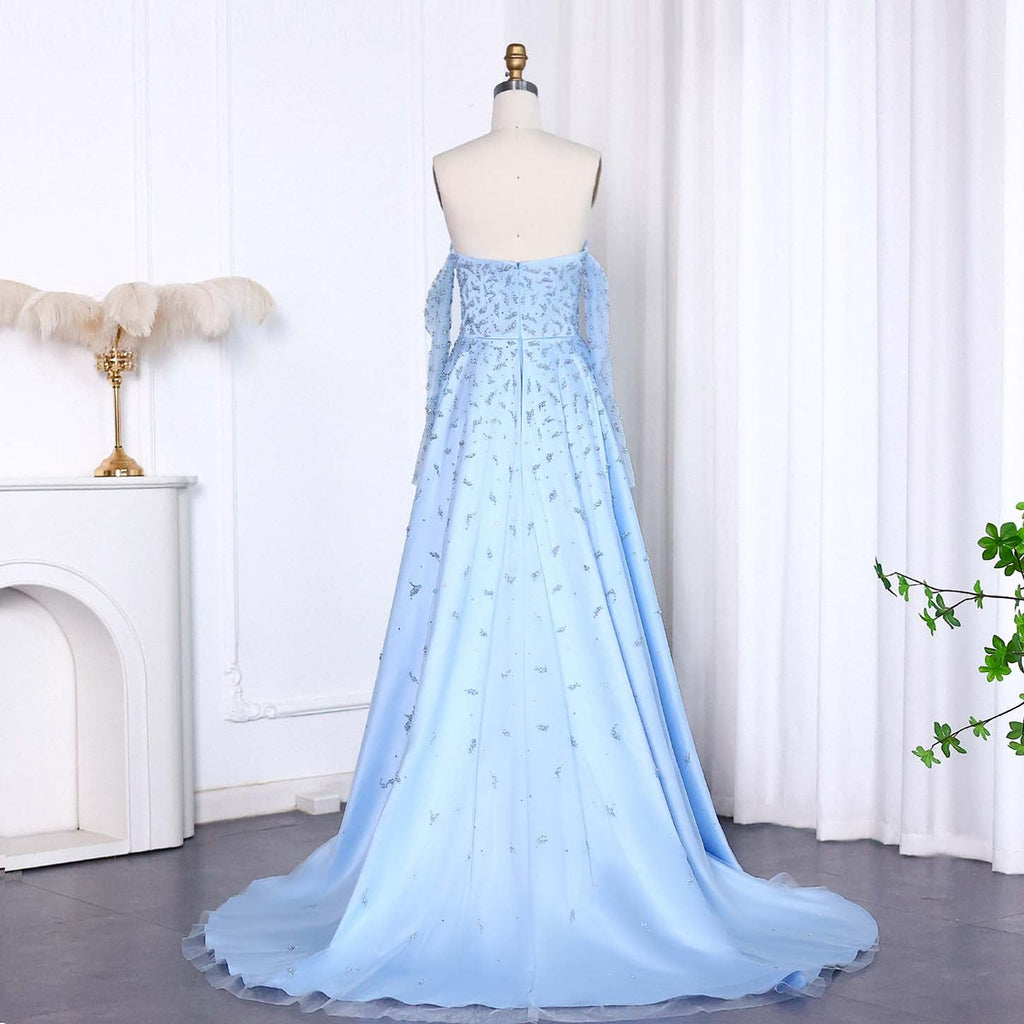 Luxury Pearls Silver Gray Long Sleeves Evening Dress with Overskirt SS484