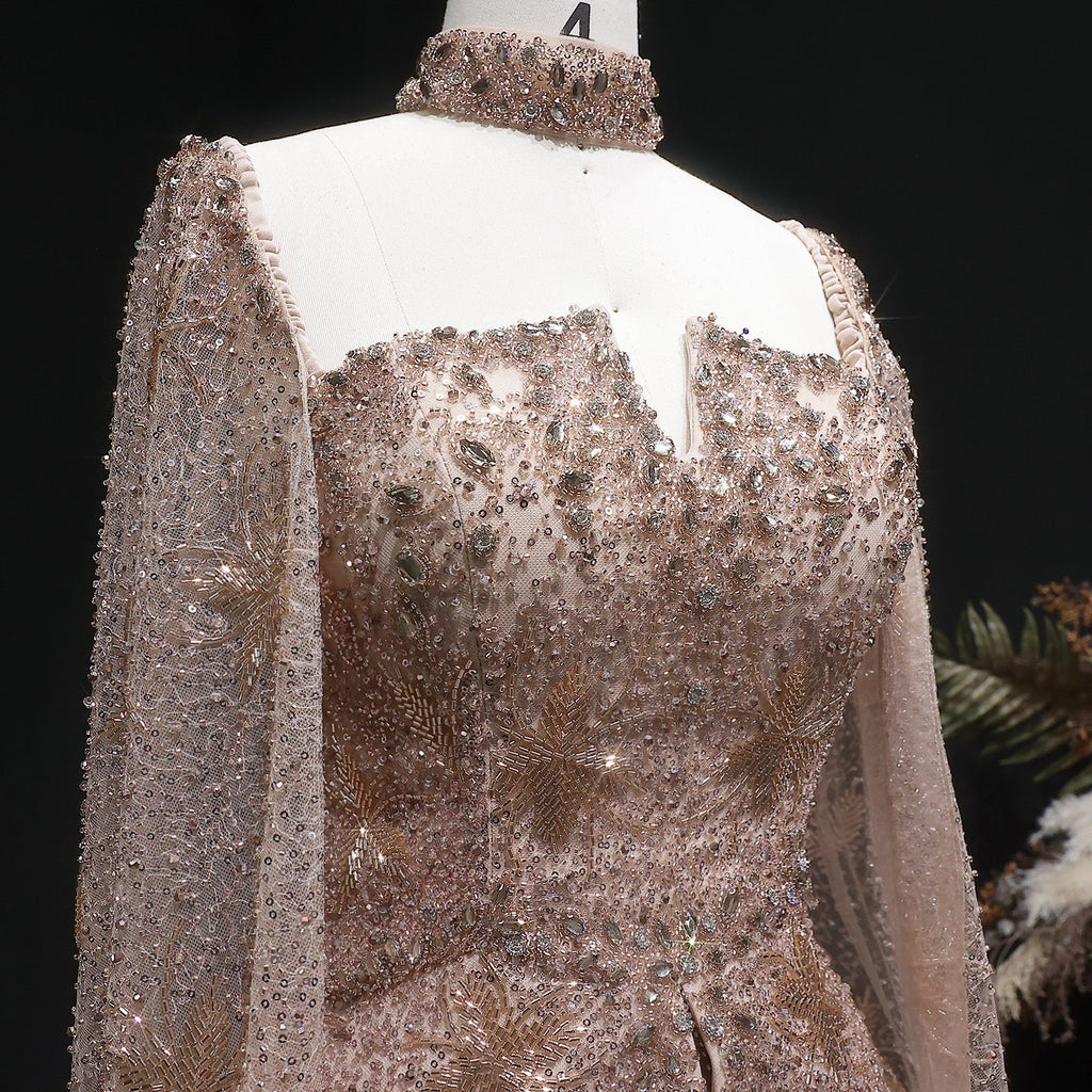 Glamorous Silver High Neck Sheer Evening Dress with Cape Sleeves SS531