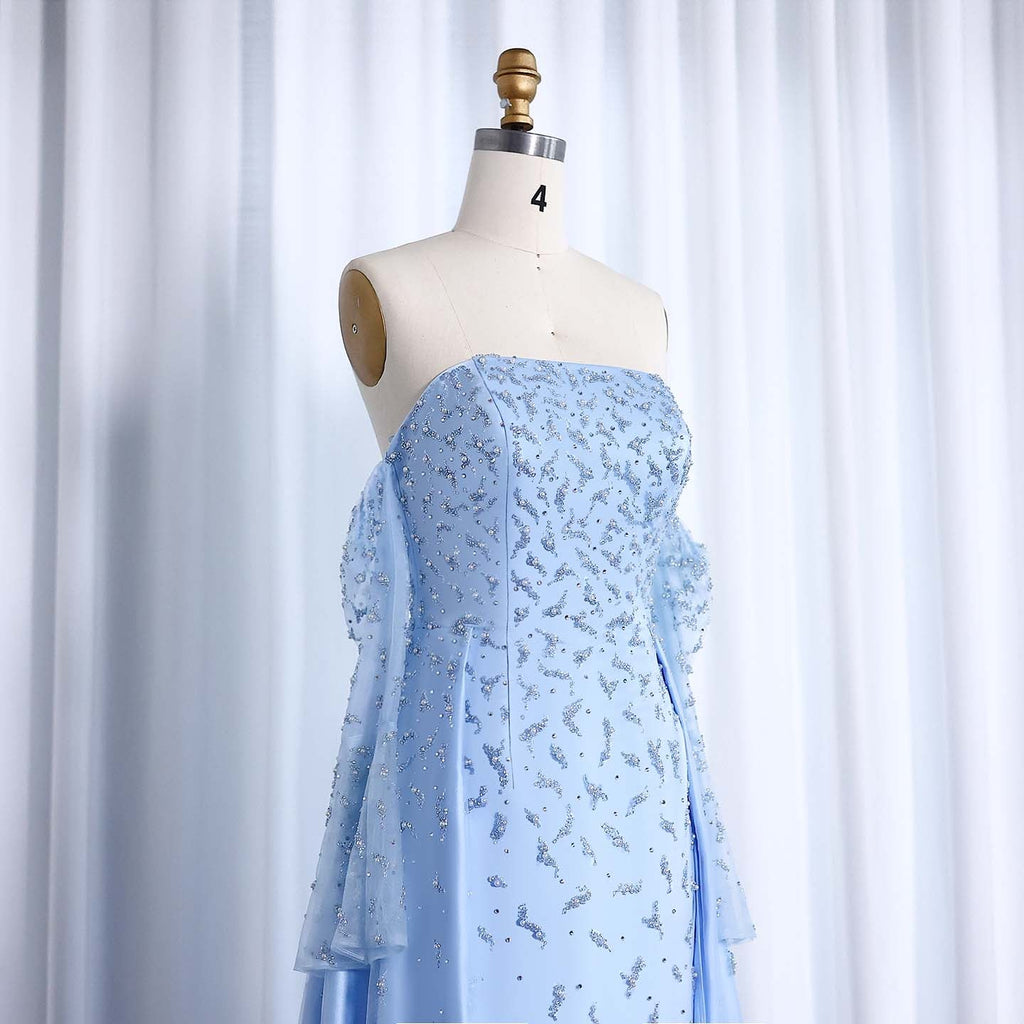 Luxury Pearls Silver Gray Long Sleeves Evening Dress with Overskirt SS484