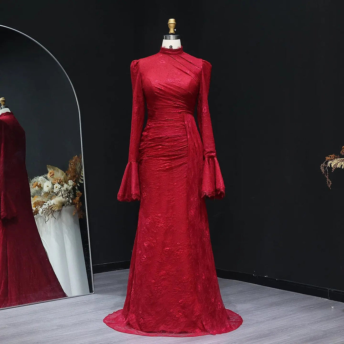 High Neck Evening Dress with Lace Long Flare Sleeves SF484