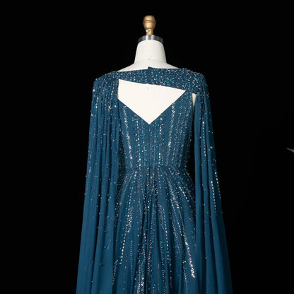 Elegant Blue Handmade Flower Beaded Off Shoulder Wedding Guest Evening Dress SS052