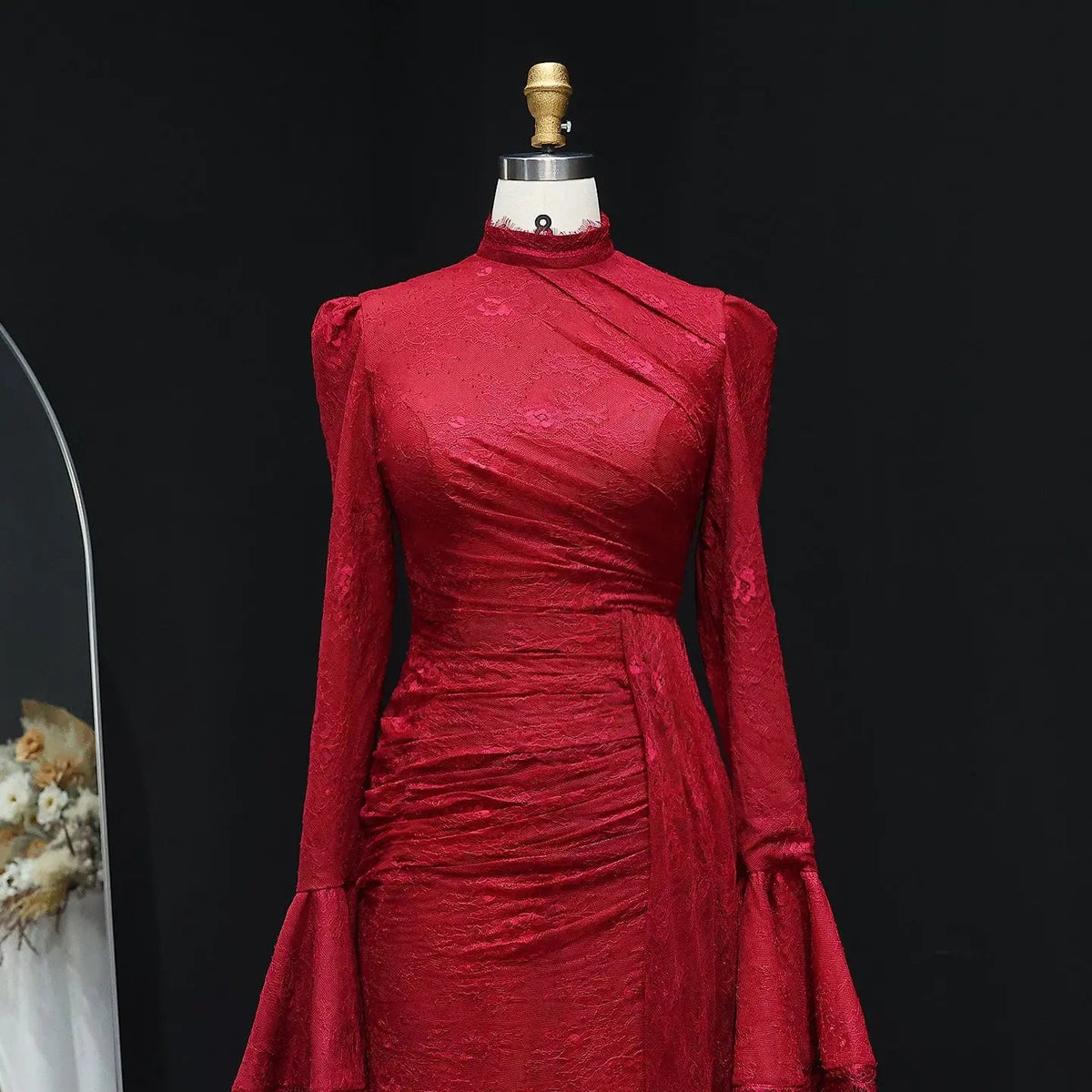 High Neck Evening Dress with Lace Long Flare Sleeves SF484