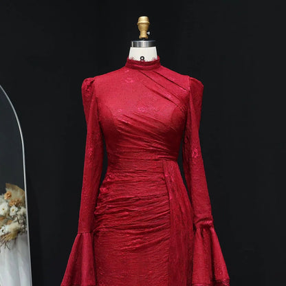 High Neck Evening Dress with Lace Long Flare Sleeves SF484