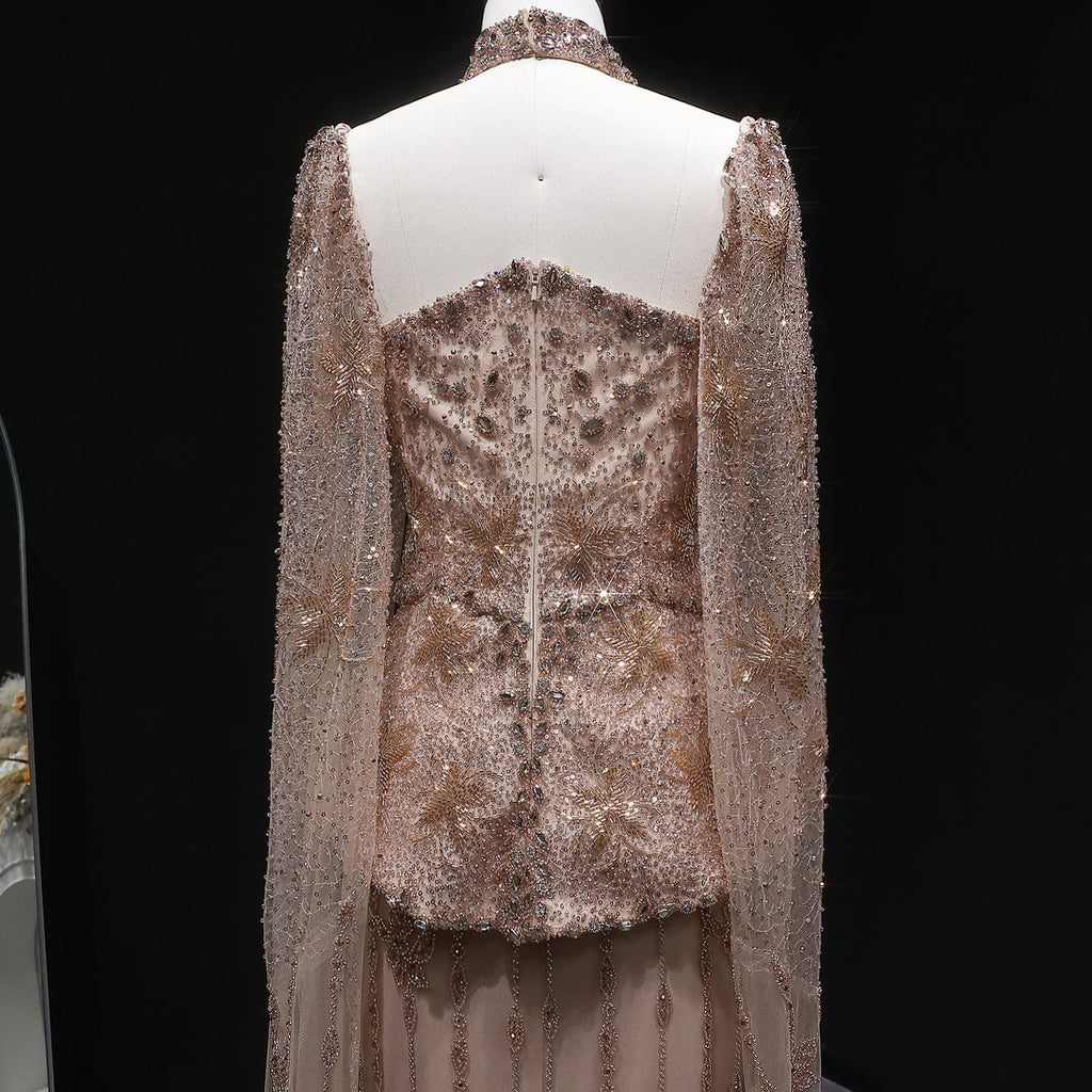 Glamorous Silver High Neck Sheer Evening Dress with Cape Sleeves SS531