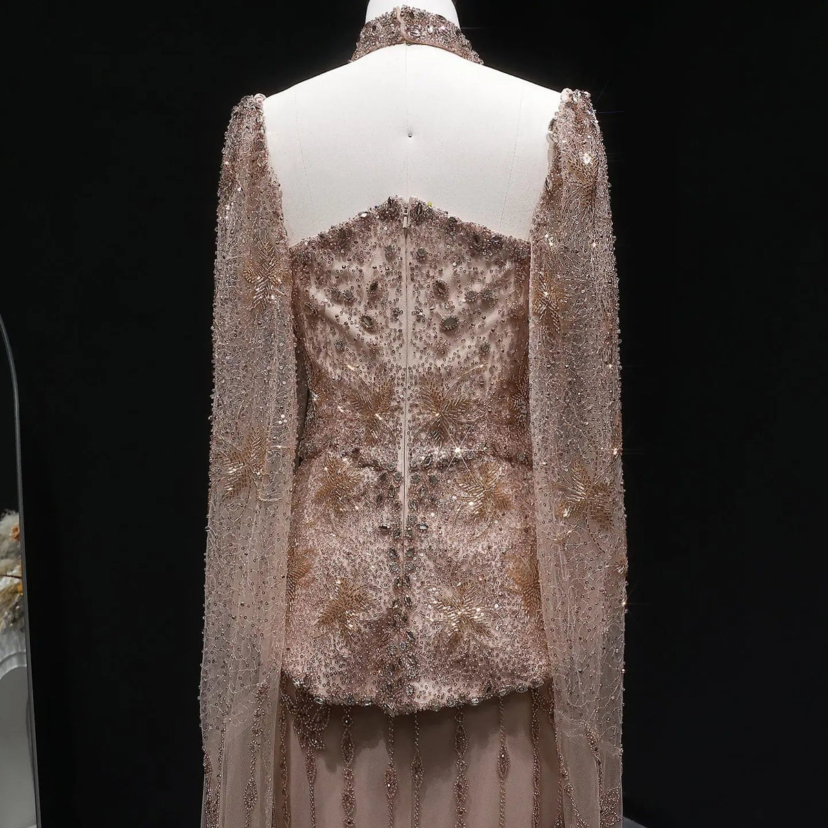 Elegant Silver High Neck Sheer Fitted Evening Dress with Cape Sleeve SS531