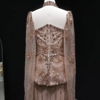 Elegant Silver High Neck Sheer Fitted Evening Dress with Cape Sleeve SS531