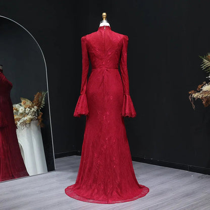 High Neck Evening Dress with Lace Long Flare Sleeves SF484