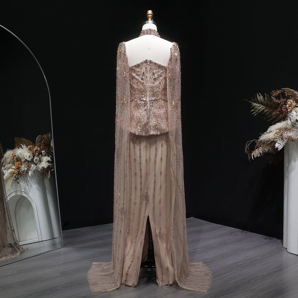 Glamorous Silver High Neck Sheer Evening Dress with Cape Sleeves SS531