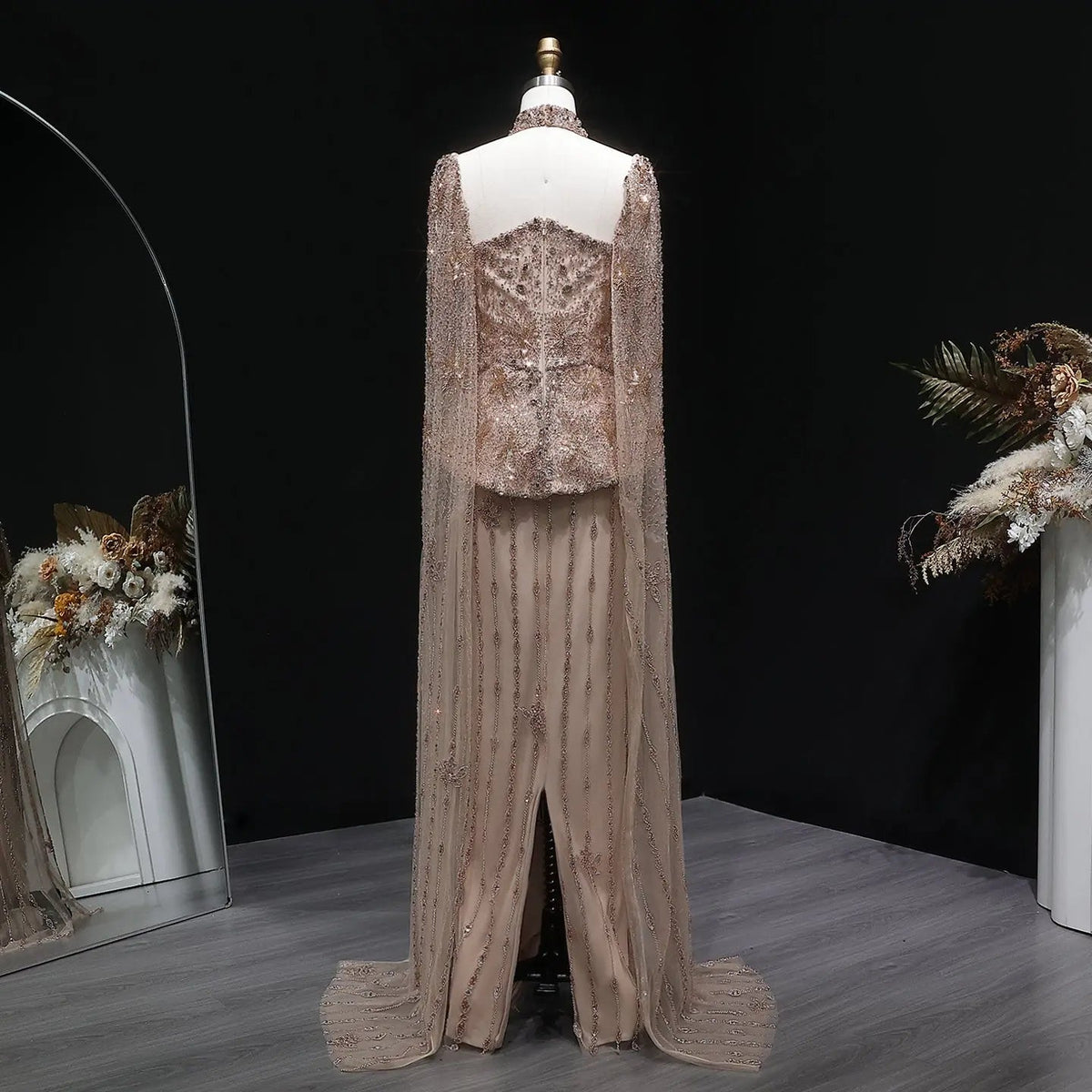 Elegant Silver High Neck Sheer Fitted Evening Dress with Cape Sleeve SS531