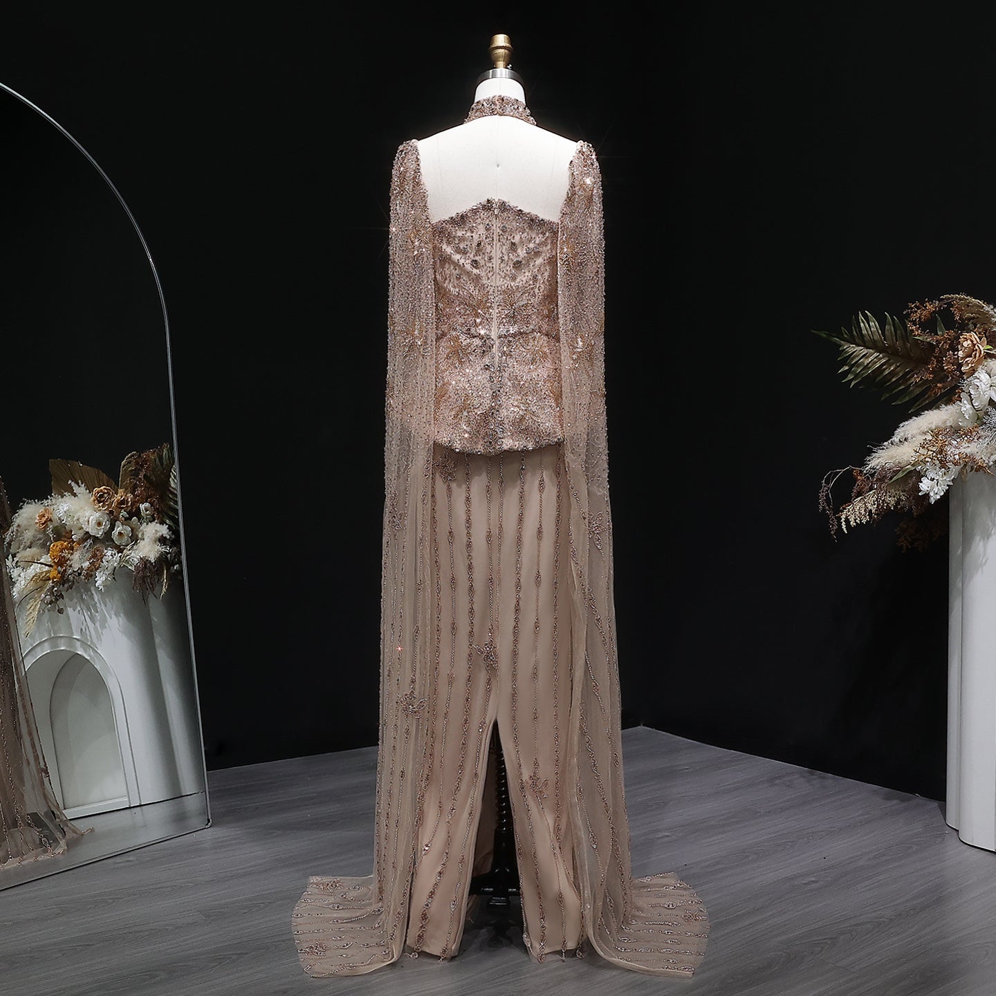 Glamorous Silver High Neck Sheer Evening Dress with Cape Sleeves SS531