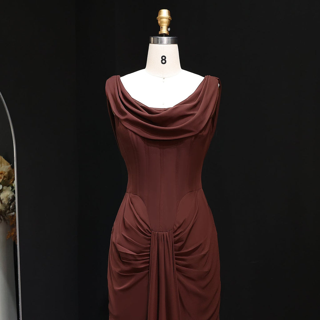 Elegant Cabernet Bataeu Draped Evening Dress SF496