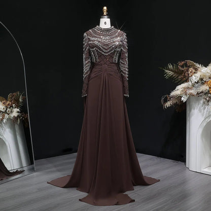Glamorous Brown High Neck Beaded Evening Dress with Draped Skirt SS402