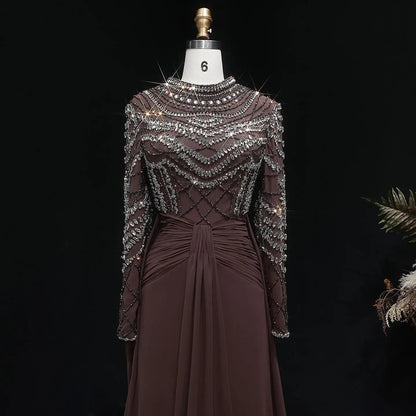 Glamorous Brown High Neck Beaded Evening Dress with Draped Skirt SS402