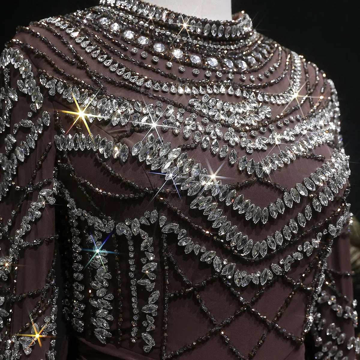 Glamorous Brown High Neck Beaded Evening Dress with Draped Skirt SS402