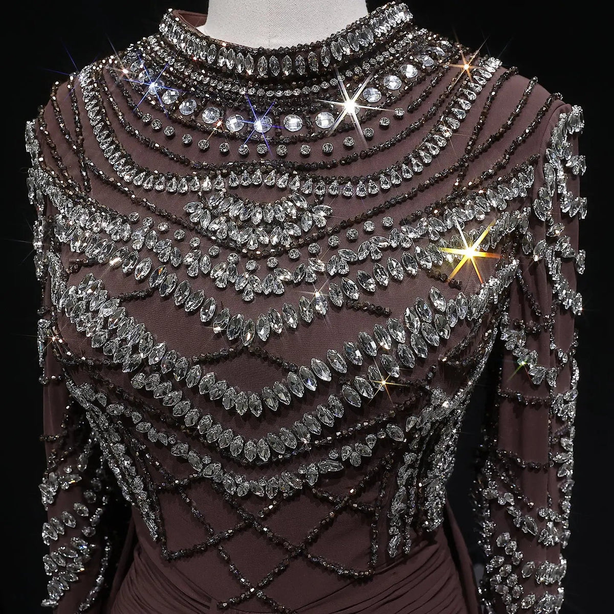 Glamorous Brown High Neck Beaded Evening Dress with Draped Skirt SS402