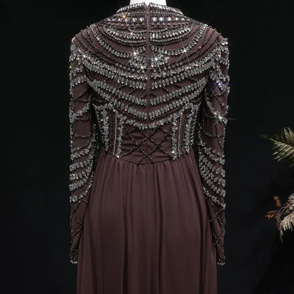 Glamorous Brown High Neck Beaded Evening Dress with Draped Skirt SS402