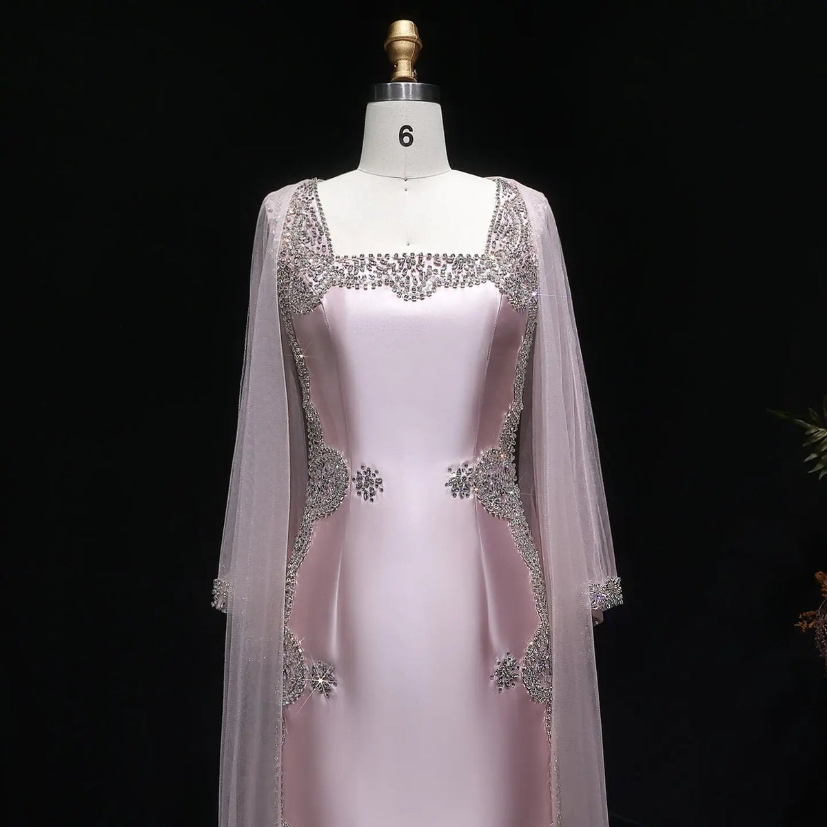 Luxury Pink Beaded Crystal Cape Satin Fitted Evening Dress SS326