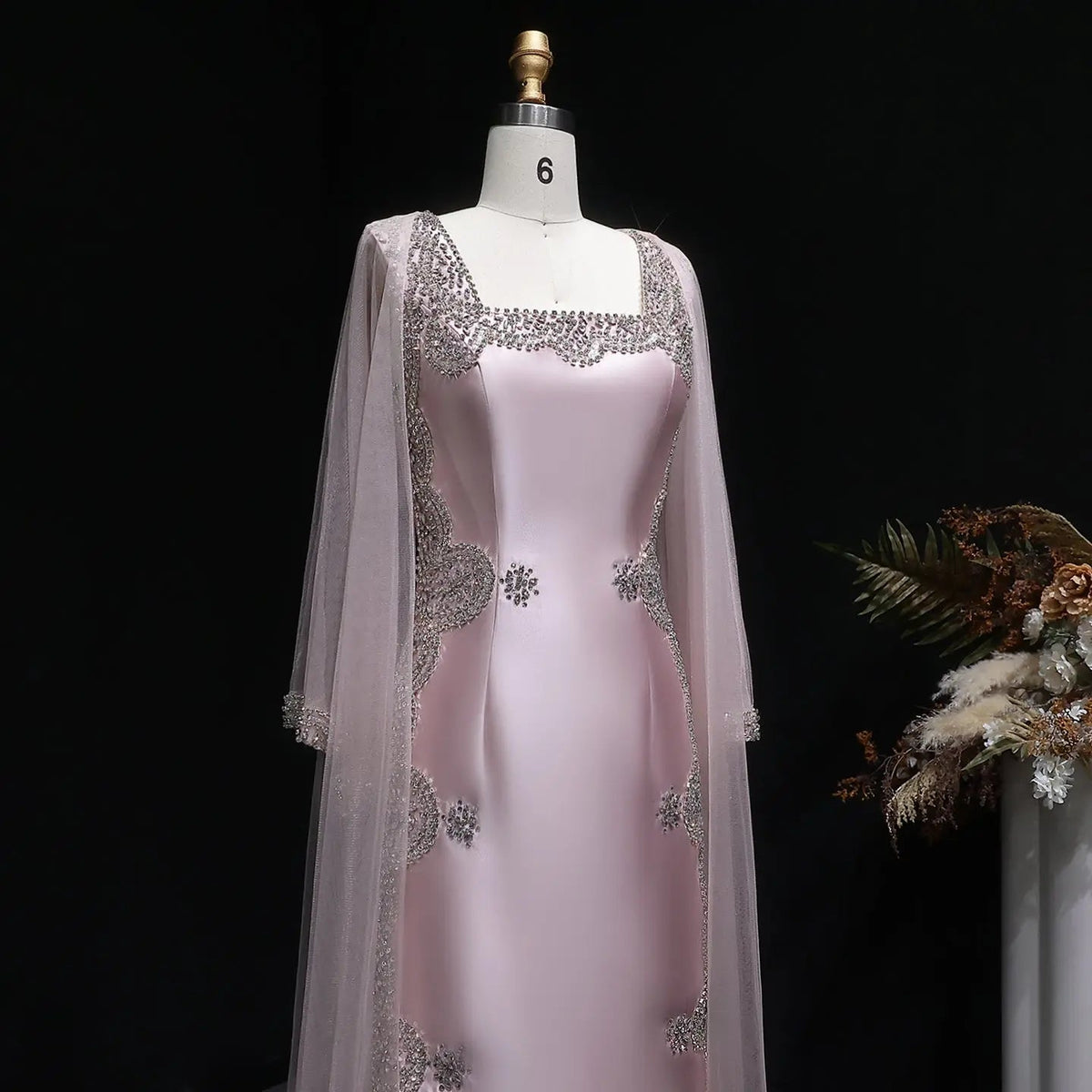 Luxury Pink Beaded Crystal Cape Satin Fitted Evening Dress SS326