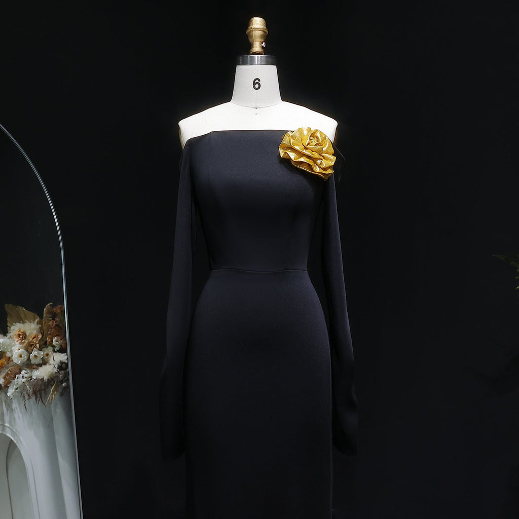 Luxury Off-Shoulder Black 3D Gold Floral Bodycon Evening Dress SF133