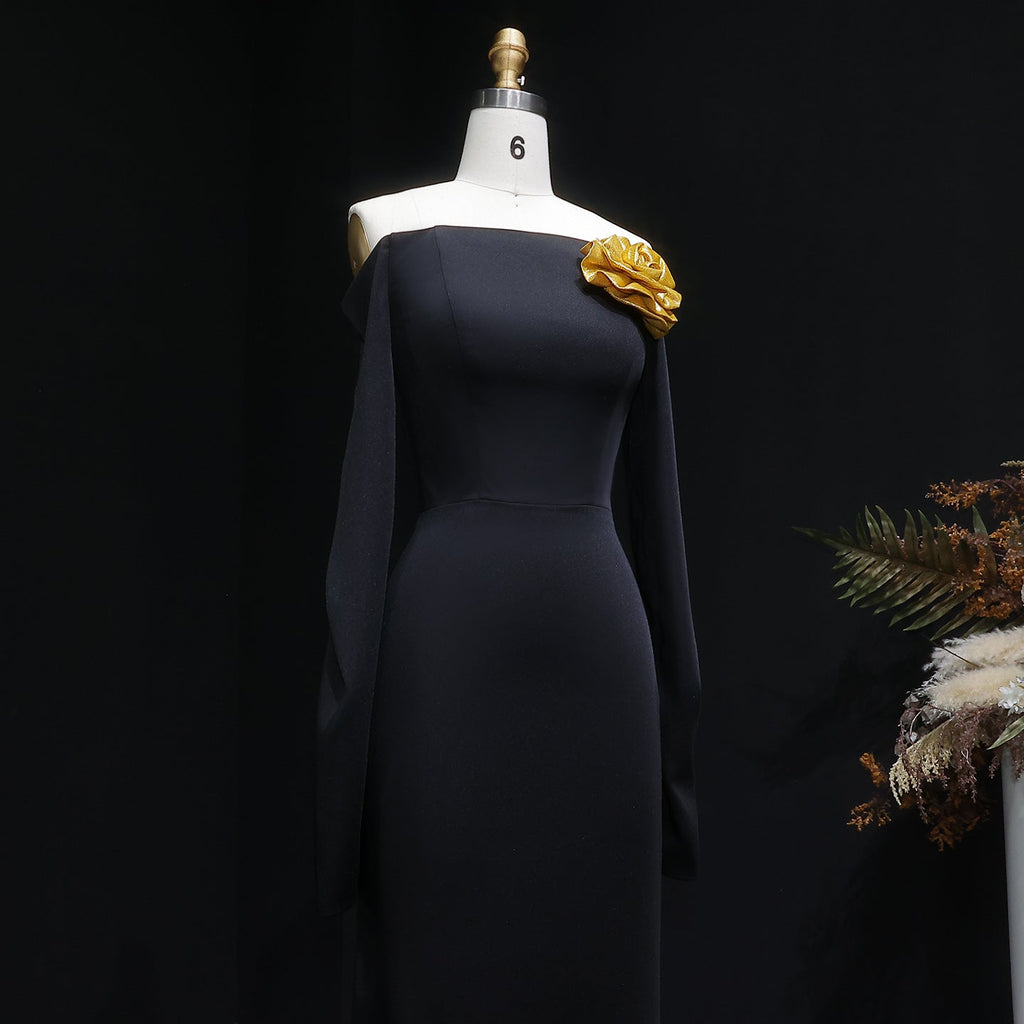 Luxury Off-Shoulder Black 3D Gold Floral Bodycon Evening Dress SF133