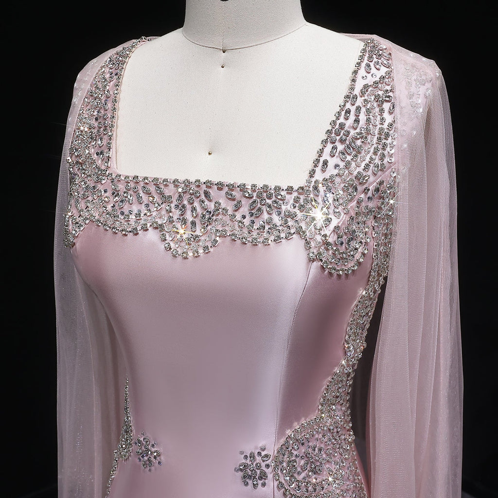 Pink Crystal Beaded Red Carpet Satin Evening Dress with Cape SS326