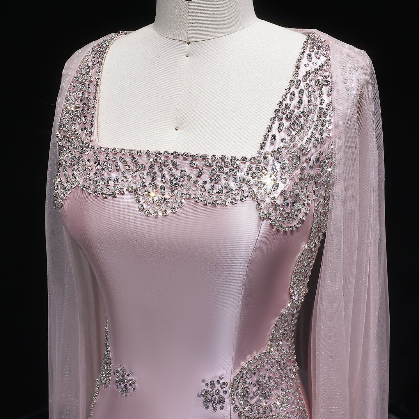 Pink Crystal Beaded Red Carpet Satin Evening Dress with Cape SS326