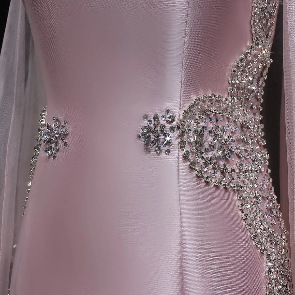 Luxury Pink Beaded Crystal Cape Satin Fitted Evening Dress SS326