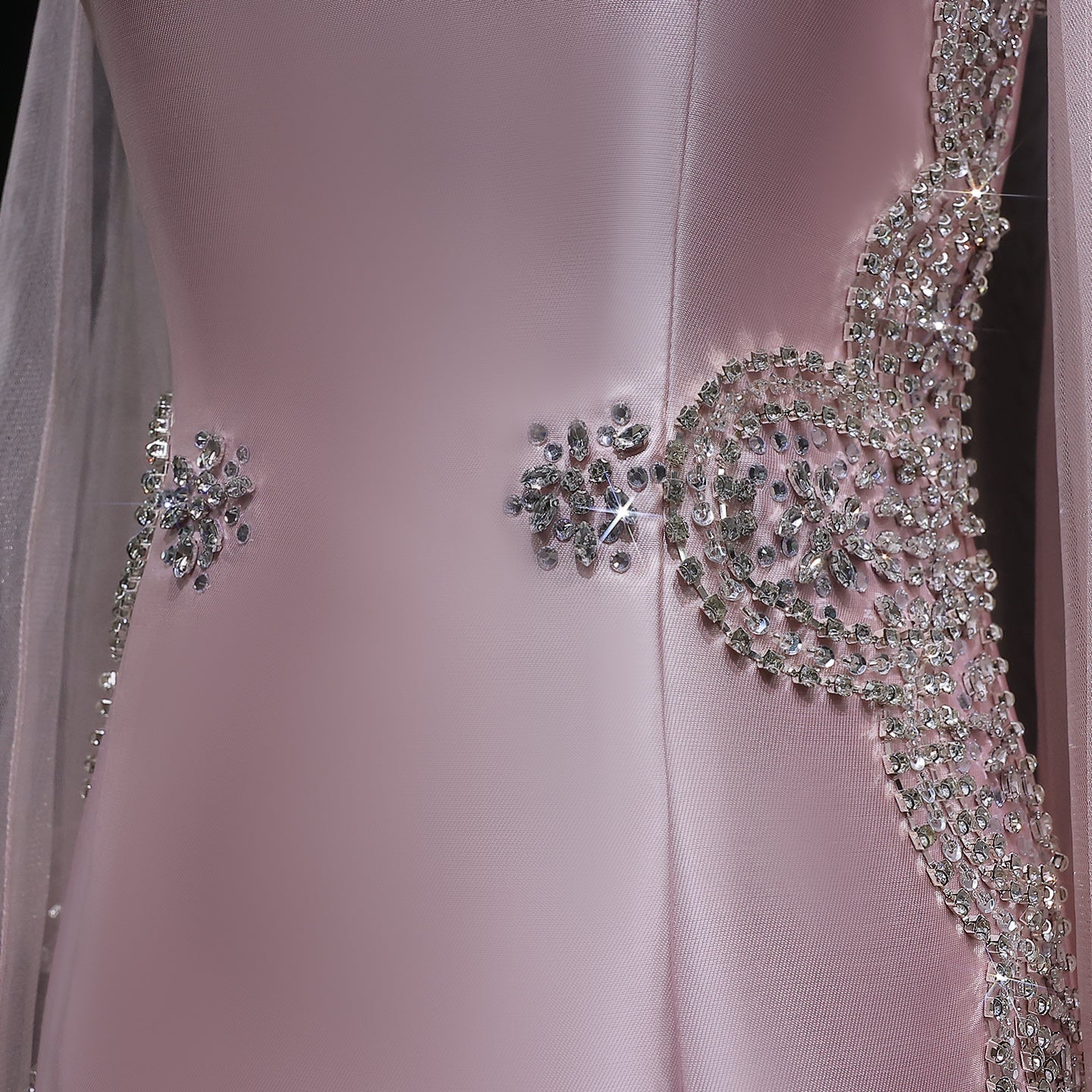 Pink Crystal Beaded Red Carpet Satin Evening Dress with Cape SS326