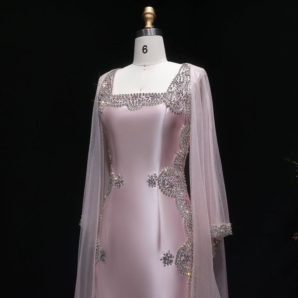 Pink Crystal Beaded Red Carpet Satin Evening Dress with Cape SS326
