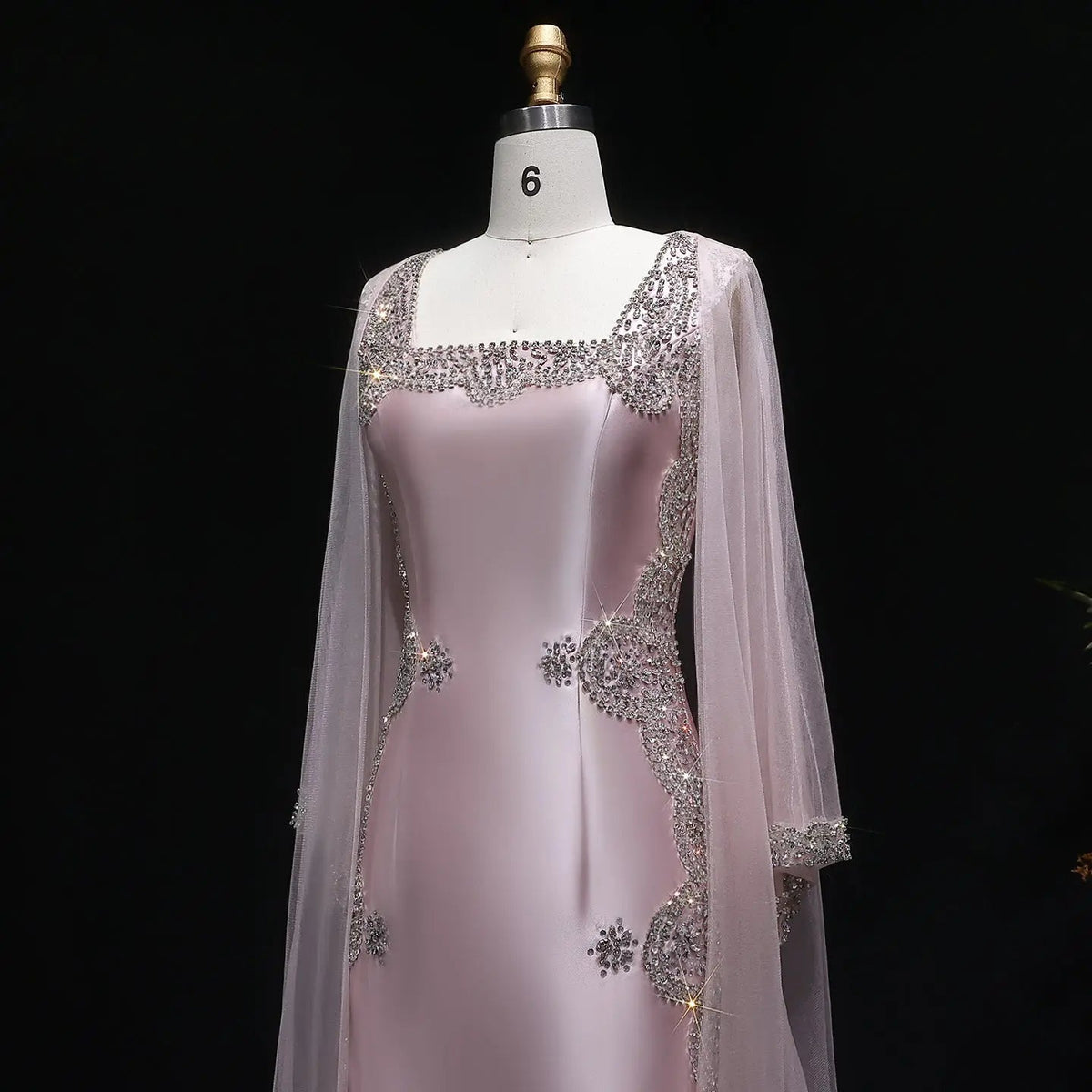 Luxury Pink Beaded Crystal Cape Satin Fitted Evening Dress SS326