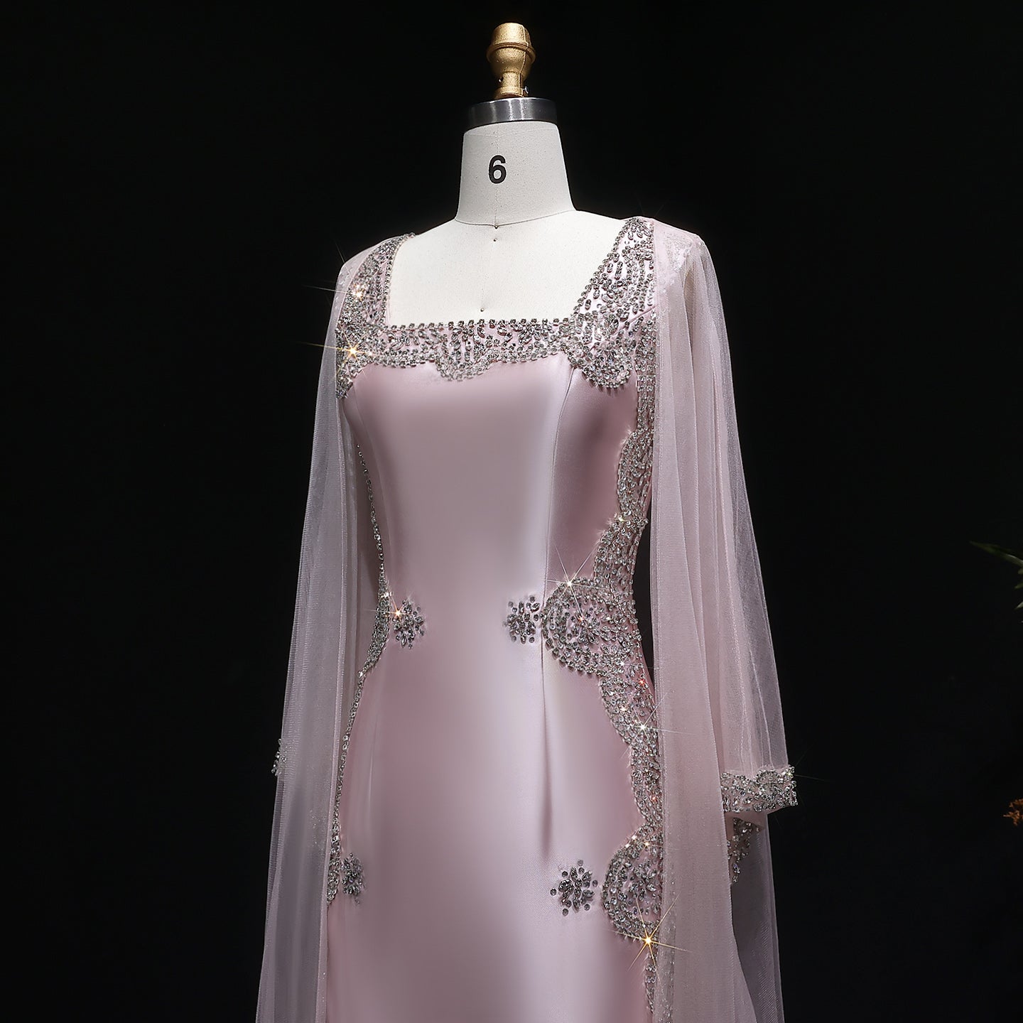 Pink Crystal Beaded Red Carpet Satin Evening Dress with Cape SS326