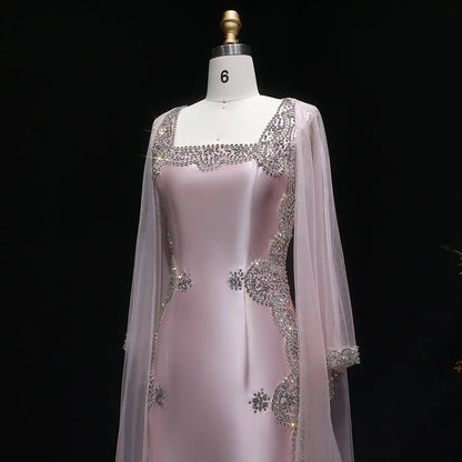 Luxury Pink Beaded Crystal Cape Satin Fitted Evening Dress SS326