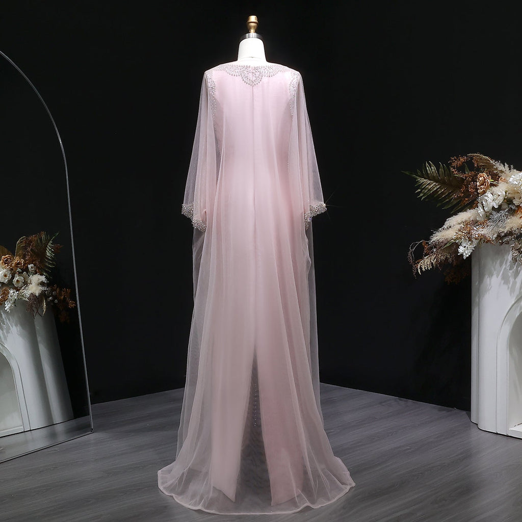 Pink Crystal Beaded Red Carpet Satin Evening Dress with Cape SS326